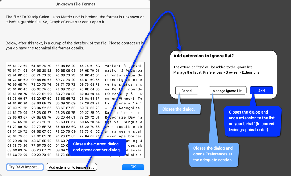 Dialogue Unknown File Format gets the option Add extension to ignore list.png