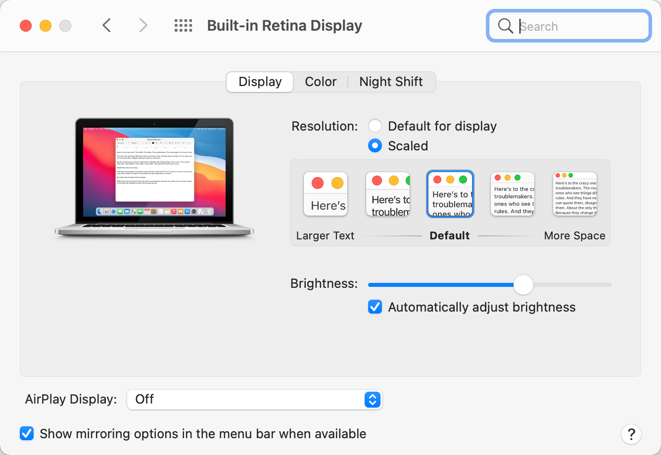 System Preferences - Display - UI resolution can be default or scaled up or down.png