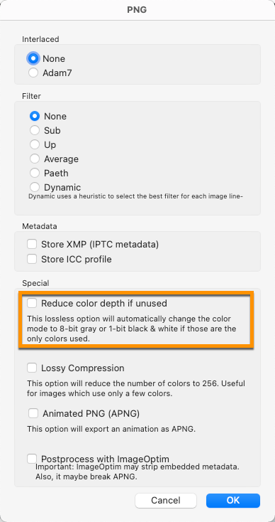 GraphicConverter PNG format option Reduce color depth if unused.png