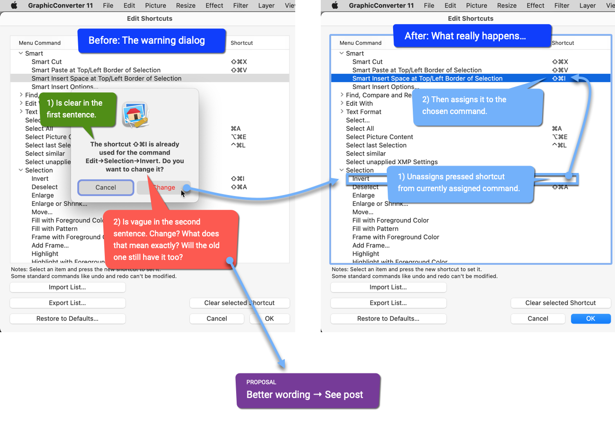 Graphic Converter - Edit Shortcuts - Improve warning dialog when attempting to assign a shortcut that is already assigned.png