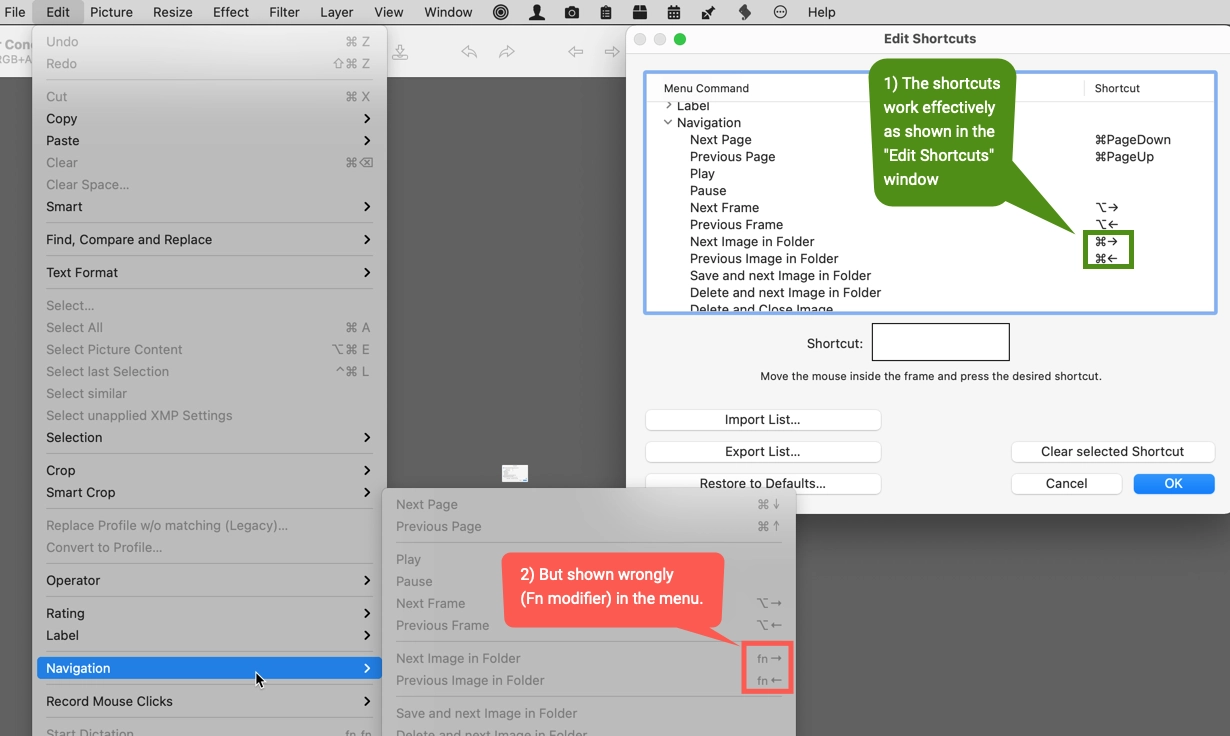 GraphicConverter - Customized shortcut falsely shows default shortcut in menu.webp