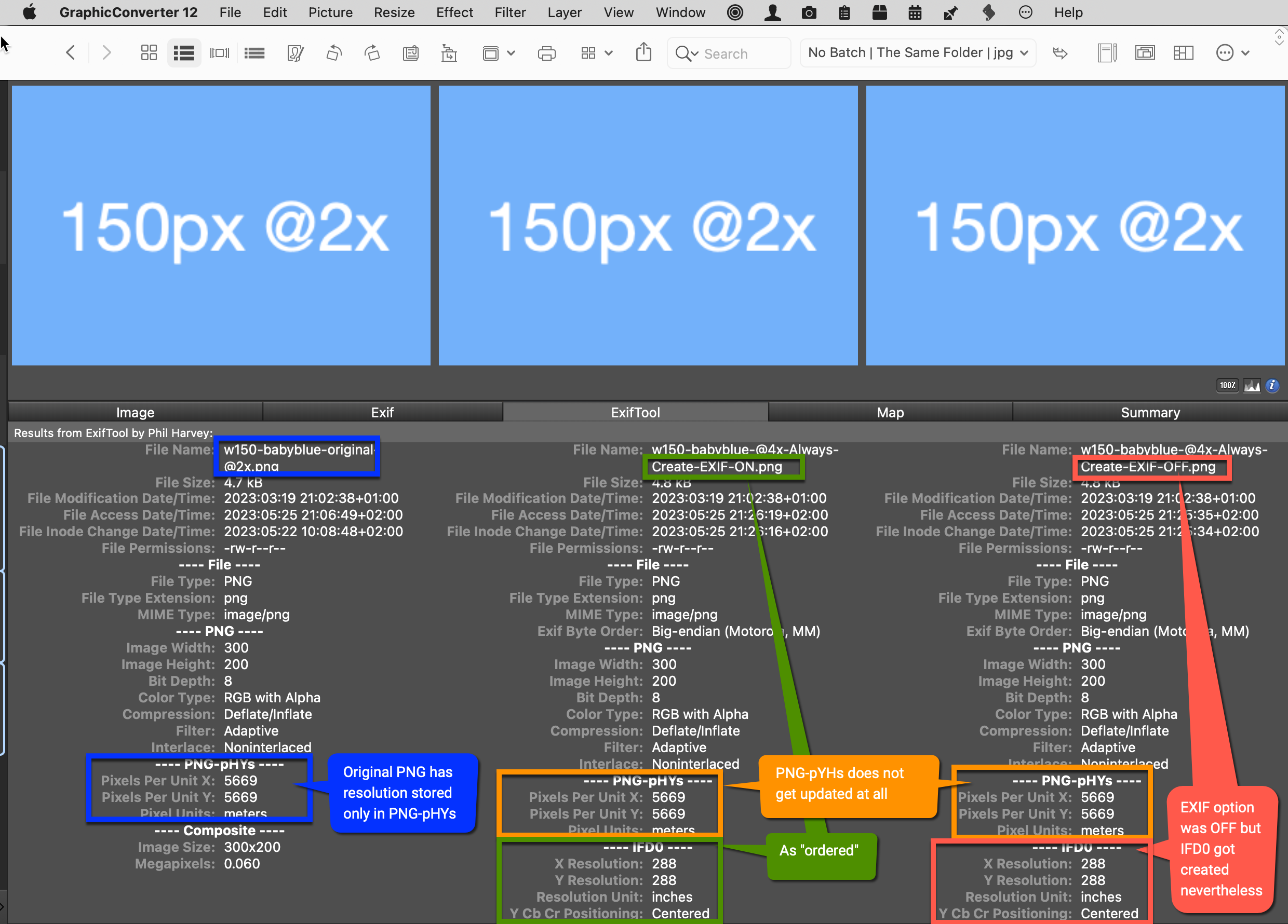 GraphicConverter 12 b6132 Change resolution lossless in PNG misses PNG-pHYs totally and always writes EXIF also when OFF.png