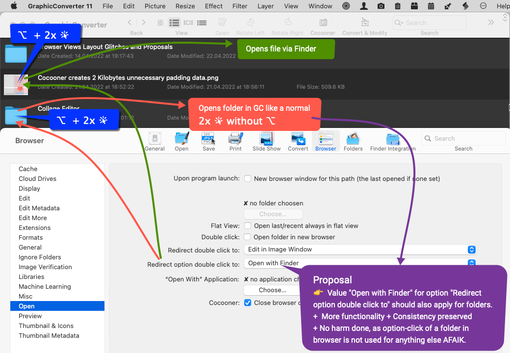 GraphicConverter - Open with Finder for Redirect option double click to should also apply for folders.png