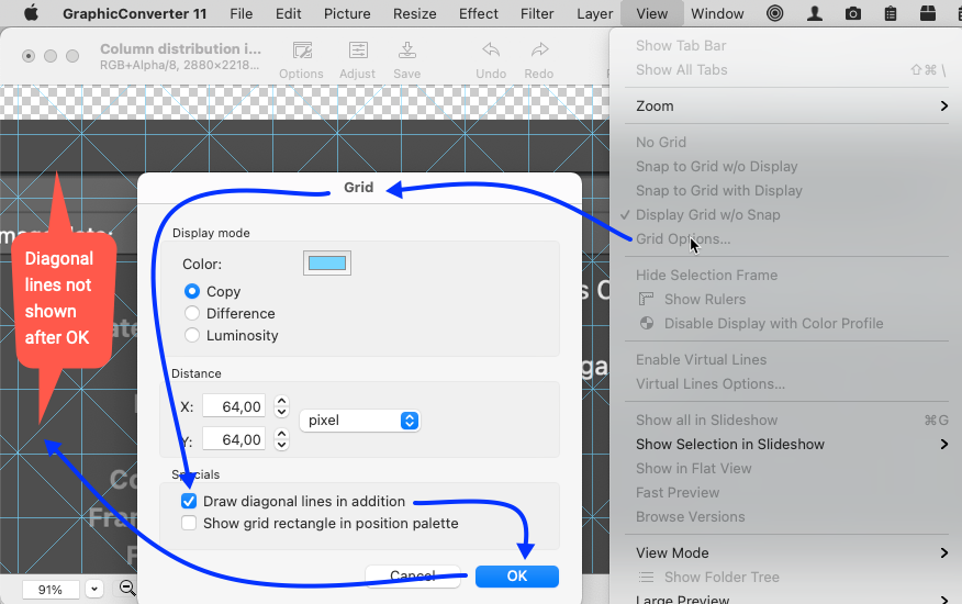GraphicConverter - Grid Options - Draw diagonal lines in addition - Only shown after next zoom event.png