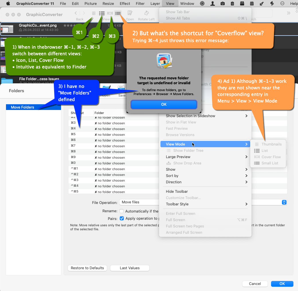 GraphicConverter Shortcuts for View Modes do not show in menu and no shortcut for Small List at all.png